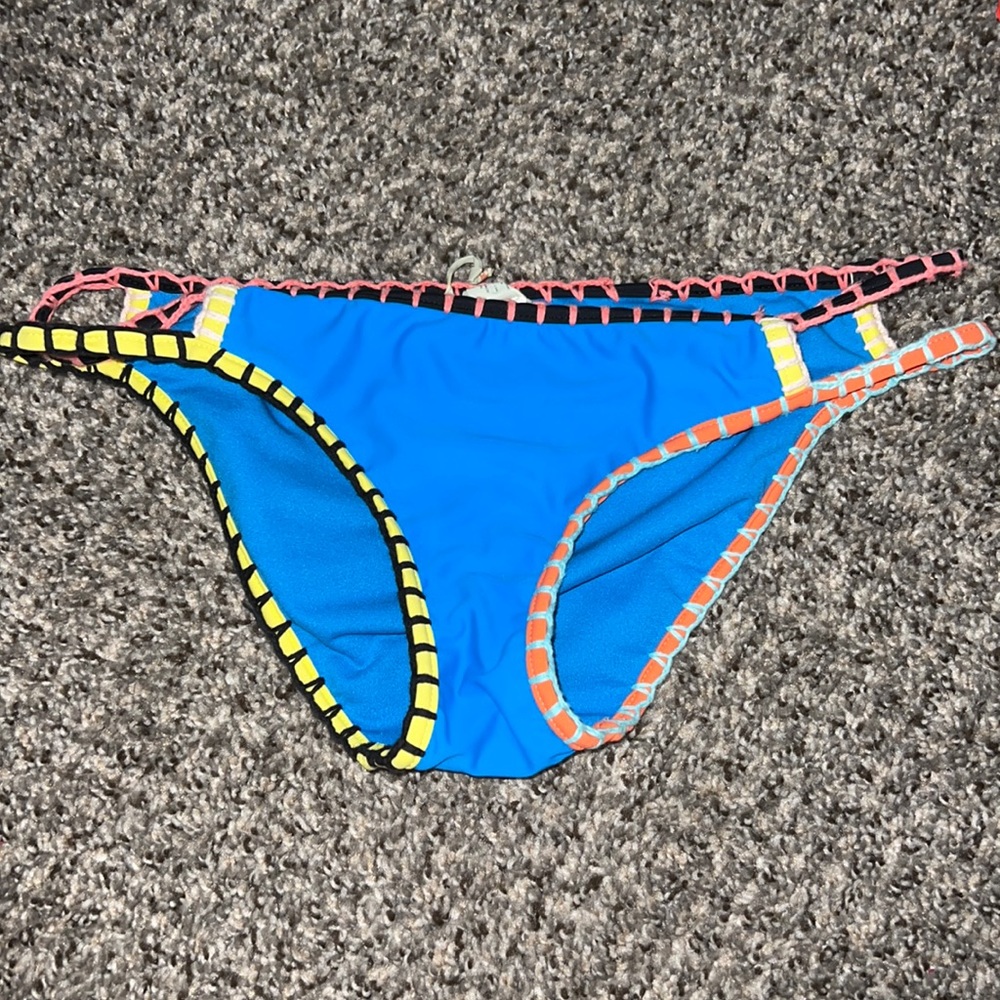 blue bathing suit bottoms with crochet